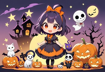 Cute Halloween Anime Character Surrounded by Pumpkins, Ghosts, and Cats in a Spooky Night Setting