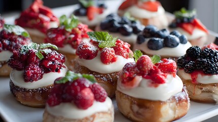 Sweet pastries decorated with fresh berries and cream.