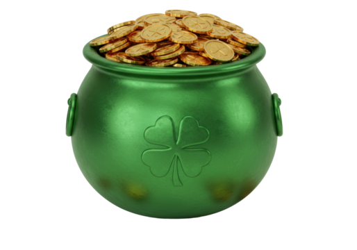 Metallic green cauldron with four-leaf clover, overflowing with shiny golden coins, against a transparent studio background, diffused high-key lighting, concept of financial success and good