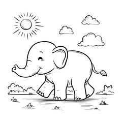 Adorable baby elephant walking through the savannah in a sunny day, coloring page for children, simple cartoon style illustration