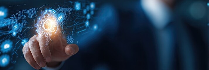 Businessman interacts with a digital gear network