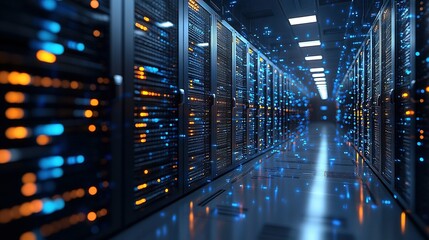 Server room with rows of computer racks and blue lighting.