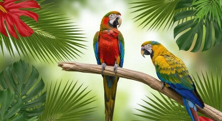 Two Colorful Macaws on Branch with Tropical Foliage Background