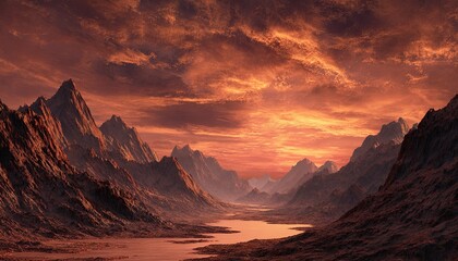 Naklejka premium Fiery sunset over a mountain valley