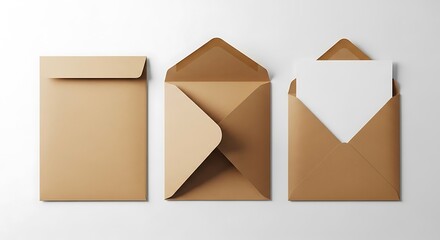 Three brown craft paper envelopes, one closed, one open, one with a letter inside, isolated on white background
