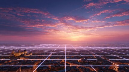 Cityscape Sunset with Digital Grid Overlay, urban ,future