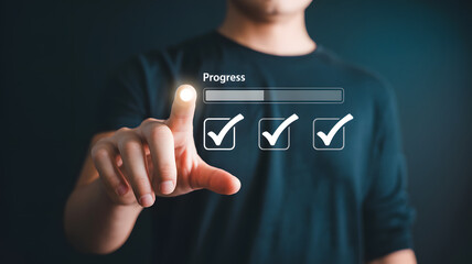 Man presses virtual button activating progress bar and task completion checks