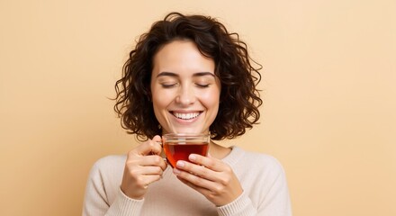 Smiling woman enjoying cup of tea, warm beige backdrop, relaxed mood, wellness and relaxation concept, studio portrait, space for message