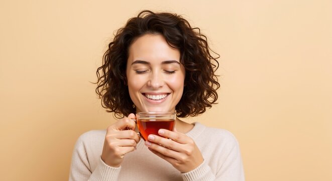 Smiling woman enjoying cup of tea, warm beige backdrop, relaxed mood, wellness and relaxation concept, studio portrait, space for message