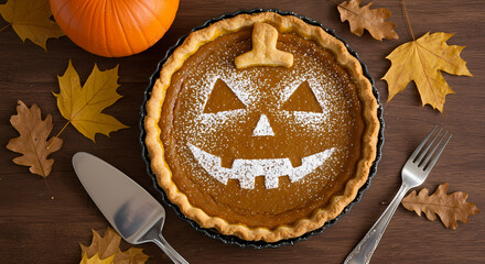 A festive halloween pumpkin pie with a jackolantern face, surrounded by autumn leaves, forks, and a pumpkin on a wooden table