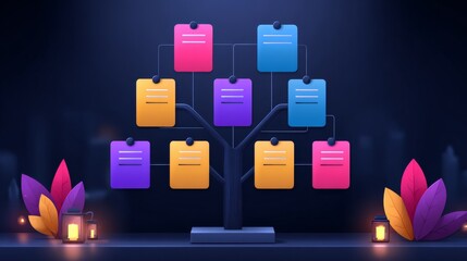 Creative Diagram Tree with Colorful Notes, Charts ,Organization