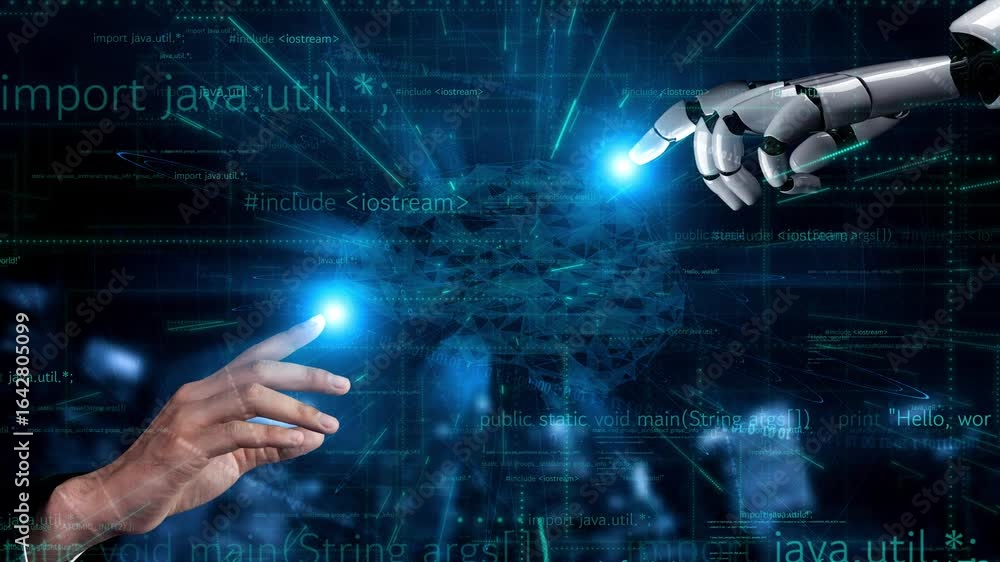Poster a captivating visual of a human hand reaching out to a robotic hand against a backdrop of programmin
