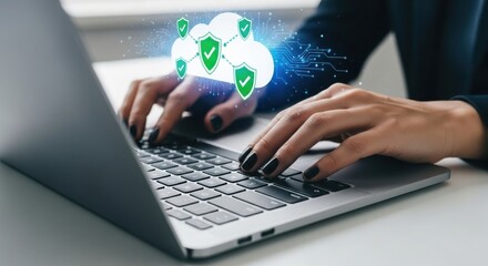 Person typing on laptop with digital security icons appearing