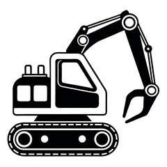 Vector art of black and white illustration of an excavator with a claw attachment isolated on white background