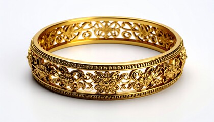 Gold bracelet with intricate filigree work, showcasing delicate floral and geometric patterns in a symmetrical layout, highlighting refined craftsmanship and traditional elegance.