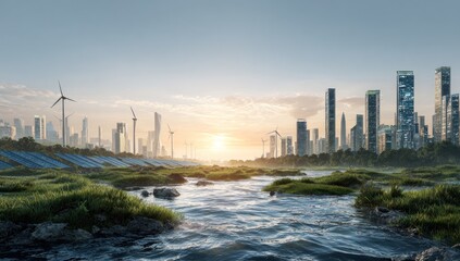 Fototapeta premium Modern city by a river with sustainable energy