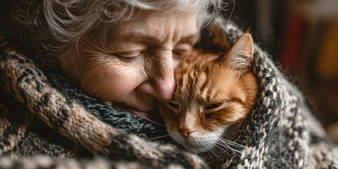 An elderly woman cuddles her orange cat while wrapped in a cozy blanket indoors. An elderly woman enjoys a quiet moment with her orange cat nestled in her arms.