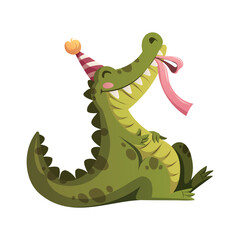 Vector Illustration of cute crocodile character with party hat	