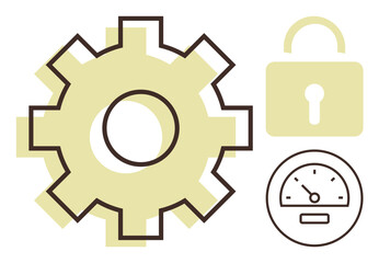Gear, padlock, and speedometer signifying security, efficiency, optimization, system integration, performance, data protection and mechanics. Ideal for technology industry security management