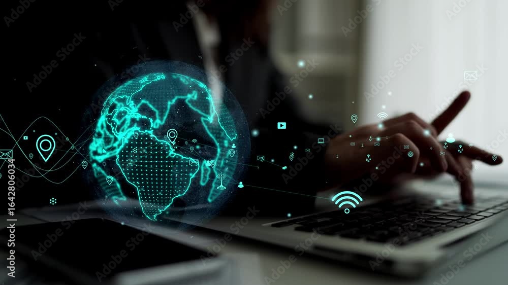 Poster a focused woman interacts with a laptop in a modern workspace, showcasing a holographic world map wi