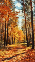Obraz premium Autumn forest path, vibrant fall colors