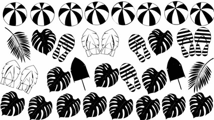 Illustration of beach balls, palm leaves, monstera leaves, flip flops and a surfboard in black and white | editable eps vectors silhouette