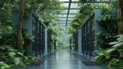 Server room in a lush forest