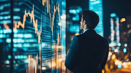 Businessman gazes at illuminated financial data wall at night