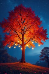 Enchanted Autumn Tree Illuminated by Glowing Lanterns Under a Starry Night Sky