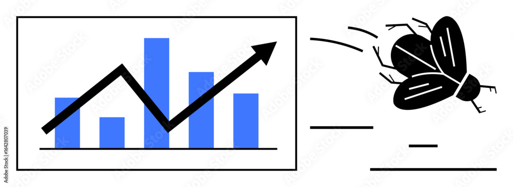 Poster growth chart with upward arrow next to a flying bug. ideal for progress tracking, business analytics