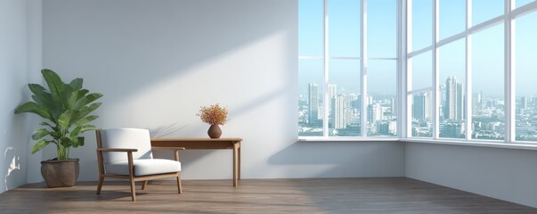 Minimalist Room Interior with City View,Chair,Plant,Design ,Decoration