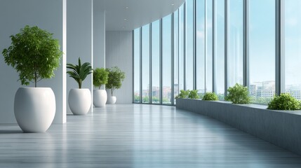 Modern Office Interior with Green Plants and City View, architecture , interior