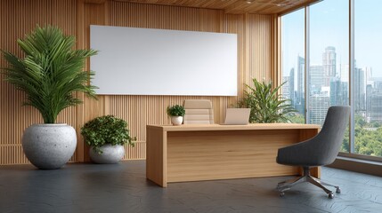 Modern Office Interior with Wooden Desk, Plants and City View, Workspace , Interior Design