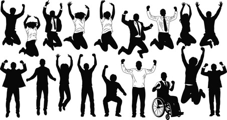Diverse group of professionals celebrating success, jumping with joy, inclusive teamwork, business unity, happiness, office collaboration, wheelchair user, joyful moment