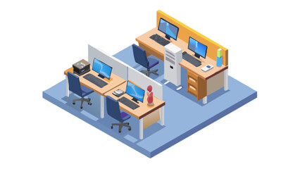 Isometric office space design with desks computers and chairs for business and corporate environments design