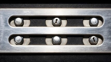 Close-up of a metallic security panel with embedded rivets.