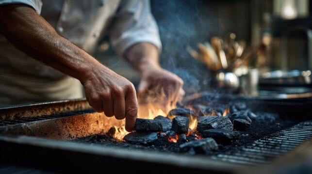 Medium shot of a chefs firetended workstation lit by carbonneutral kiln embers with hands adjusting charcoal in sharp focus and blurred kitchen tools behind.