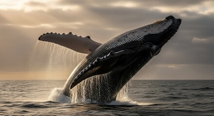 Fototapeta premium Majestic Humpback Whale Breaching the Ocean Surface at Sunset