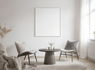 Minimalist living room mockup with chair, rug and blank frame.