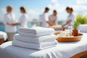 A low-angle shot of an empty outdoor massage table with white linen and a bamboo frame, under a vibrant blue summer sky with blurred people enjoying a pool party