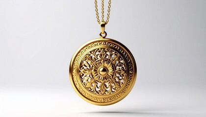 Circular gold pendant with intricate floral and geometric detailing, featuring a central motif surrounded by symmetrical patterns, suspended from a matching gold chain.
