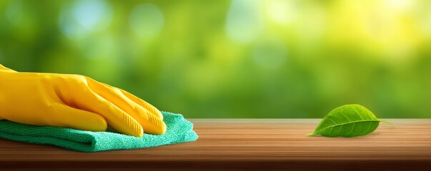 Spring Cleaning Yellow Glove Wipes Wood, Nature Background, cleaning ,spring