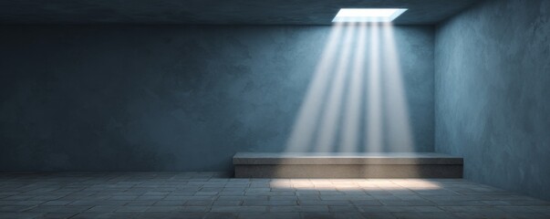 Sunlit Stone Platform in Dark Room, Light , Architecture