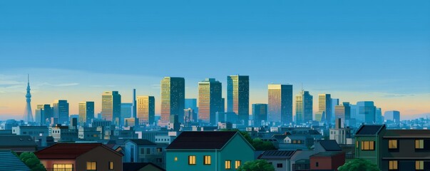 Urban Horizon Skyline, Buildings and Tower View,Cityscape, Anime style