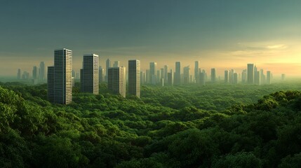 Urban Jungle City Skyline Emerging from Lush Green Forest at Sunrise, Ecology , FutureCity