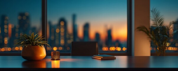 Workspace with Plant, Candle and Skyline View at Dusk, office decor , urban view