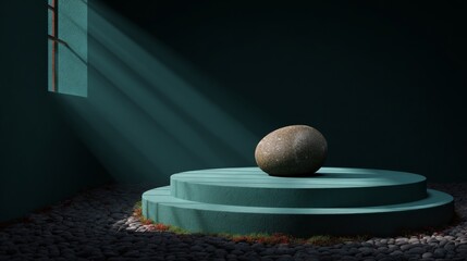 Zen Stone on Teal Podium, Light Rays, Zen , Still Life