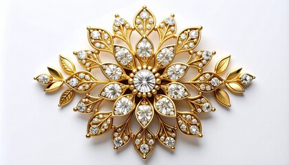 Fototapeta premium Intricately crafted gold floral brooch featuring symmetrical petals adorned with small pearls and clear gemstones, centered around a cluster of larger stones for a luxurious, radiant finish.
