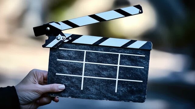 Hand holding clapperboard with blurred background