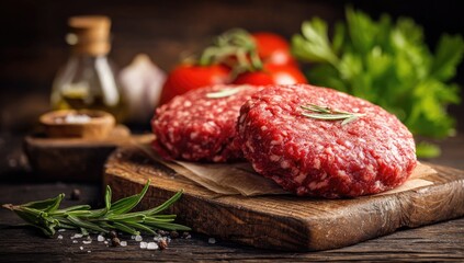 Fresh beef patties on a wooden cutting board